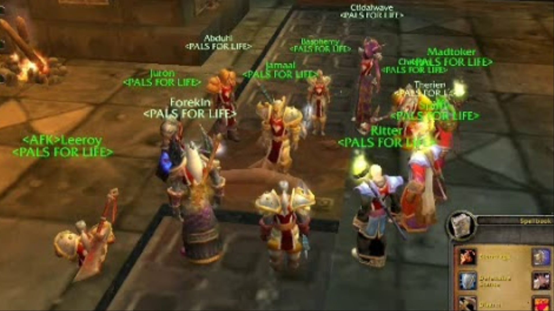 The 'PALS FOR LIFE' Guild huddling around before a boss encounter in World of Warcraft, moments before the Leeroy Jenkins legend was born.