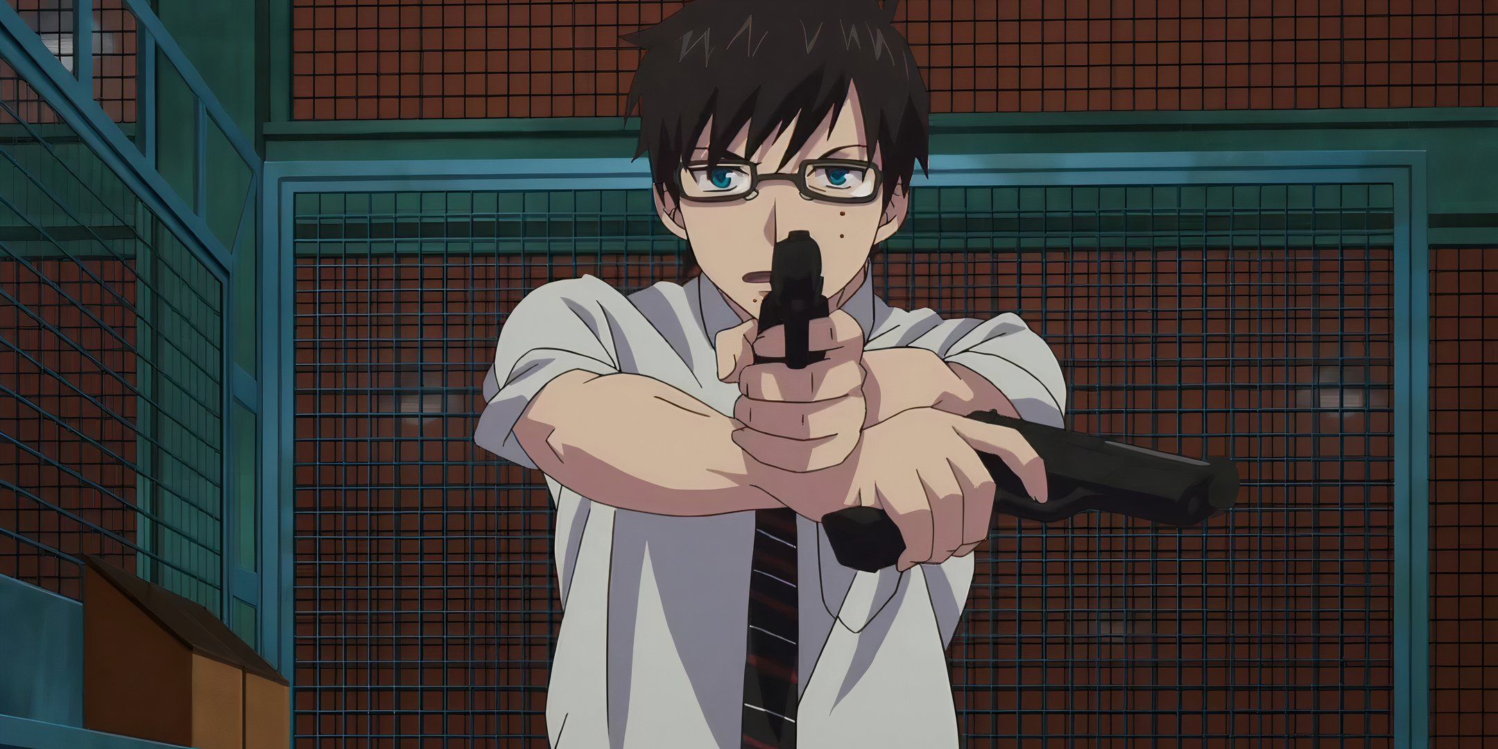 Yukio is holding a gun as a blue exorcist.