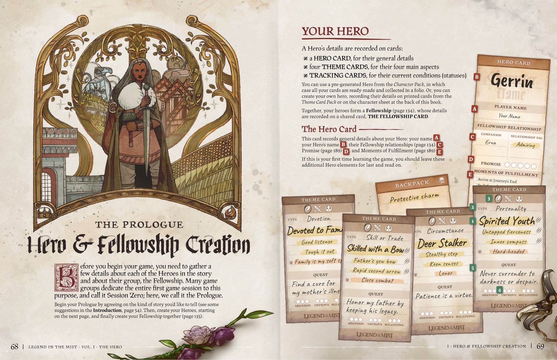 The hero creation page from the corebook for Legend in the Mist.