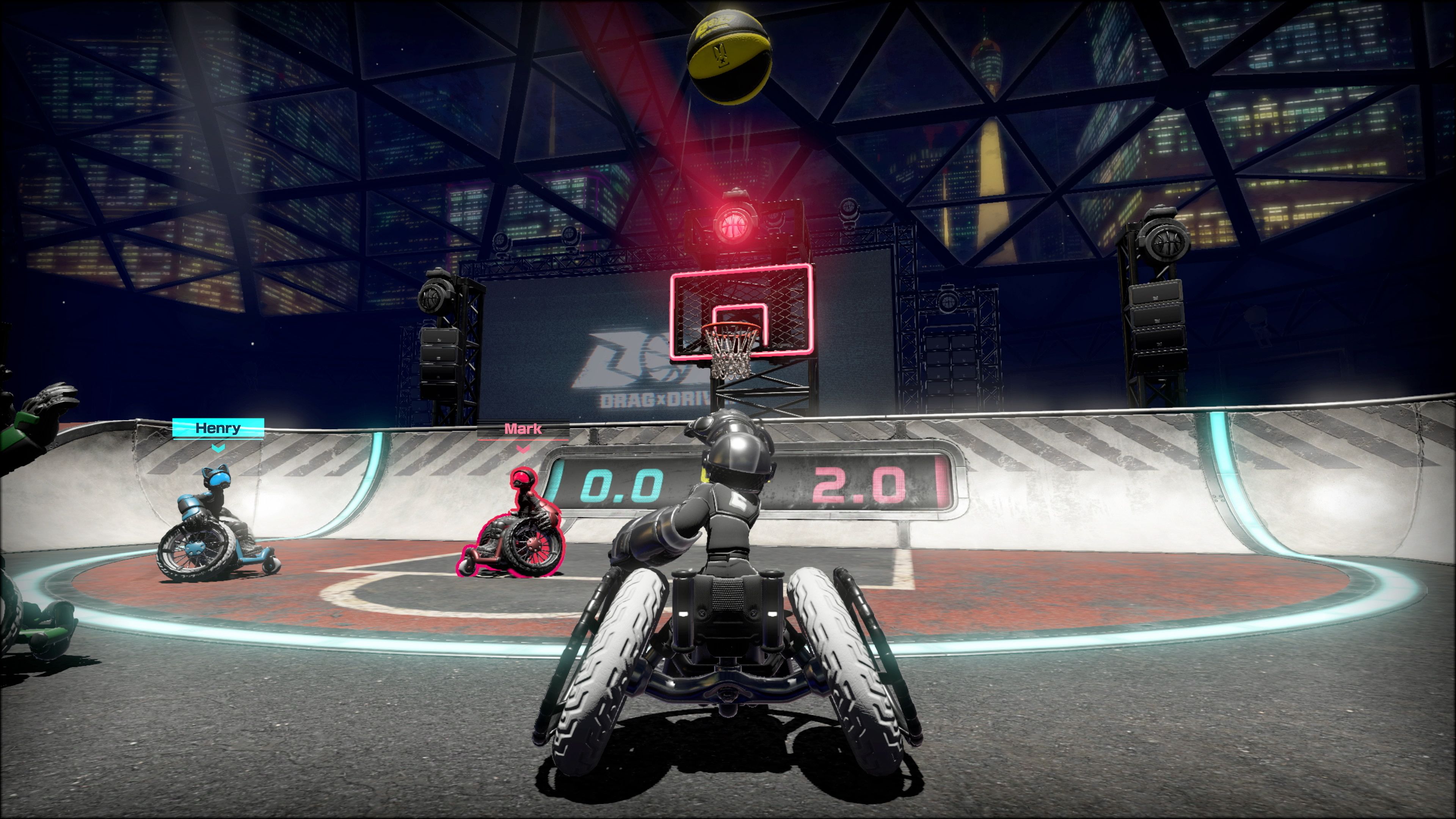 The player makes a shot at Basket in Drag X Drive. 