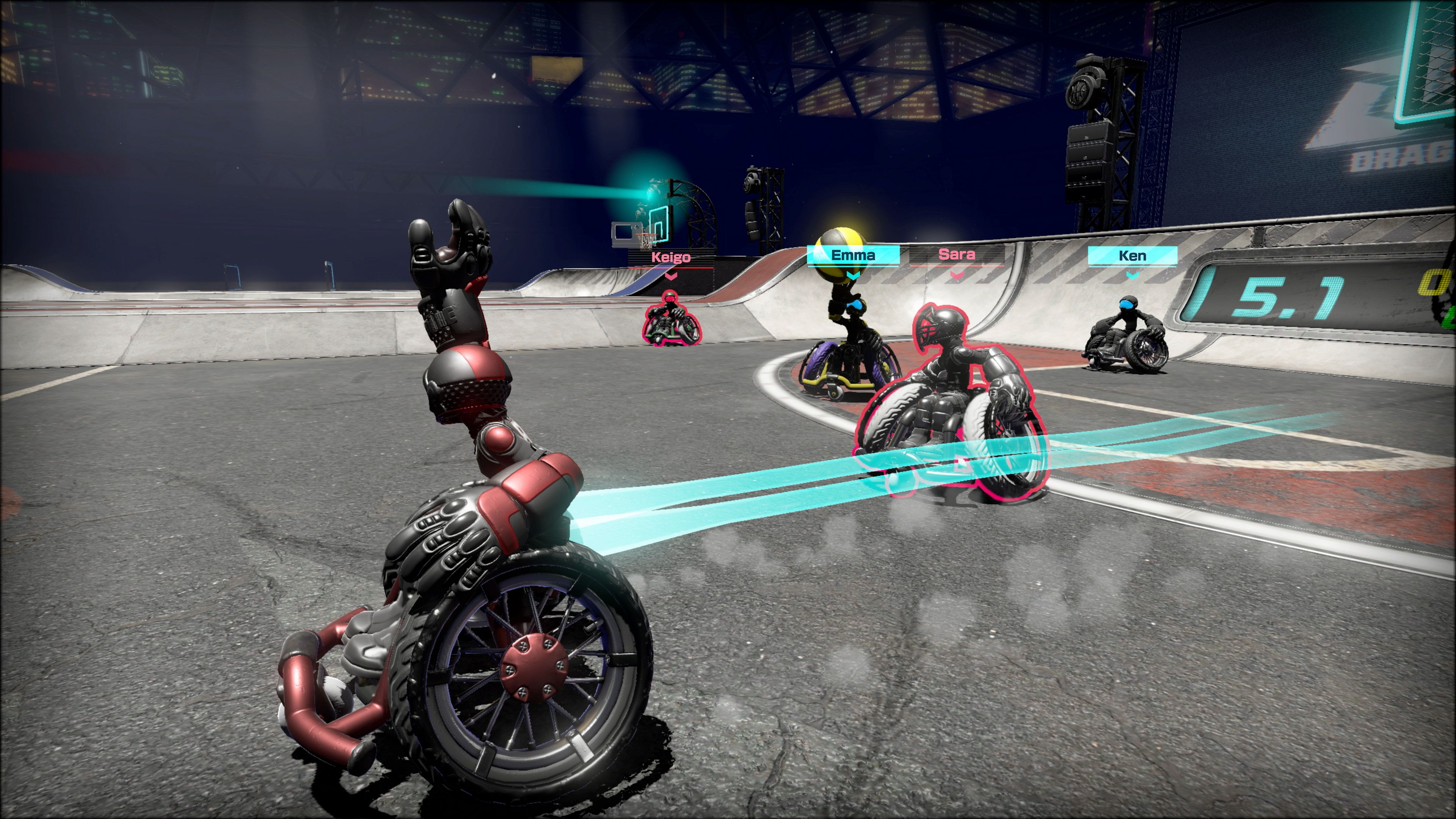 The player demands a pass as he moves across the track in Drag X Drive. 
