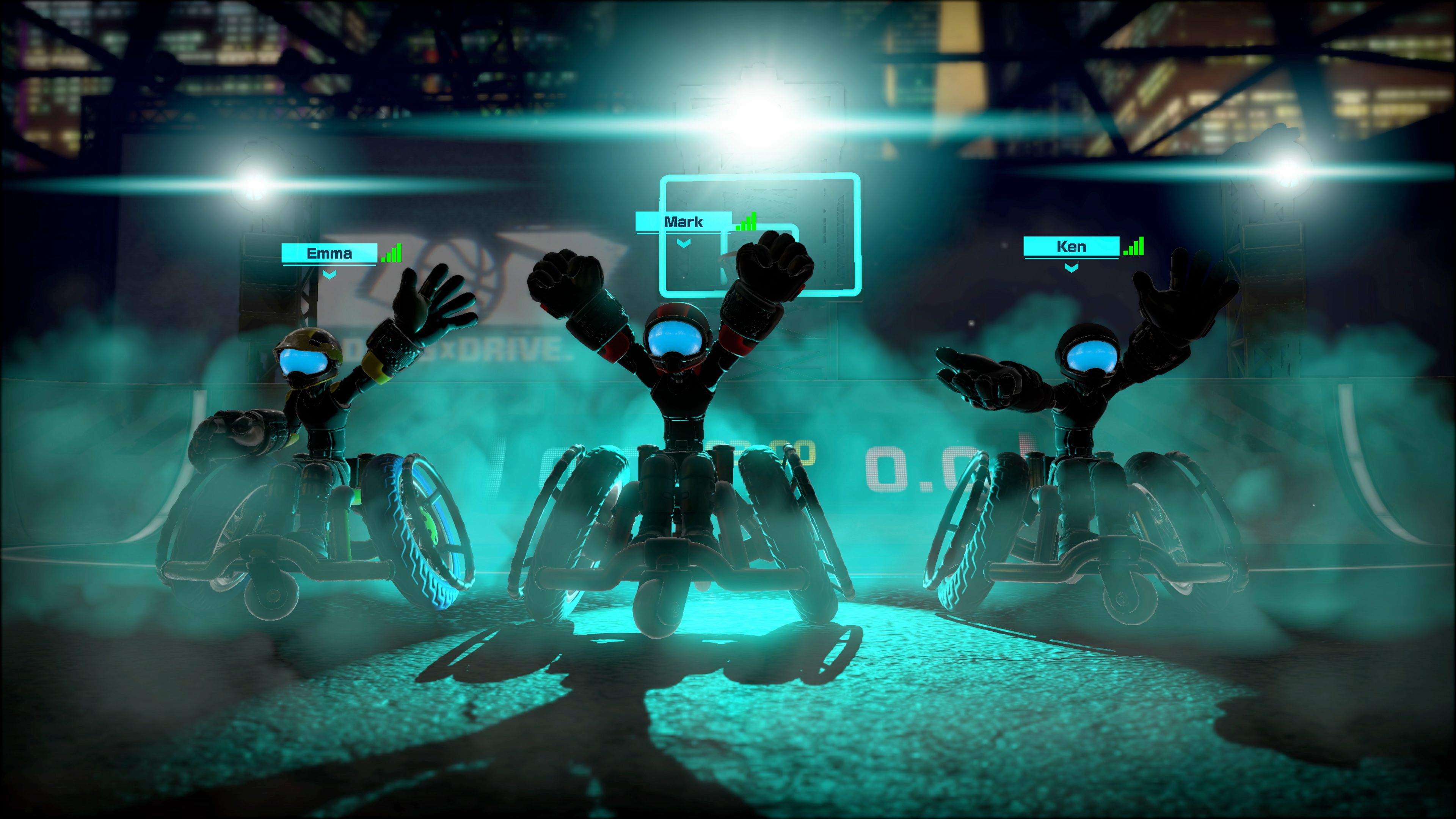 Three players prepare to jump into the next match in Drag X Drive. 