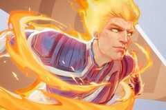 A close up of Human Torch flying through the air.