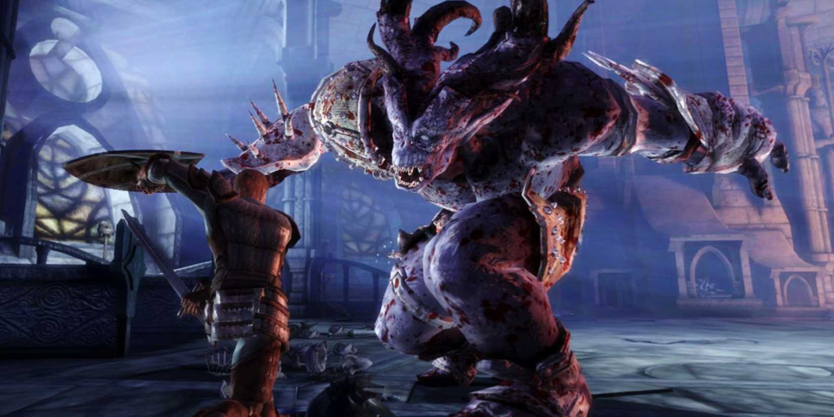 A knight fighting a large troll in the origin of the dragon older.