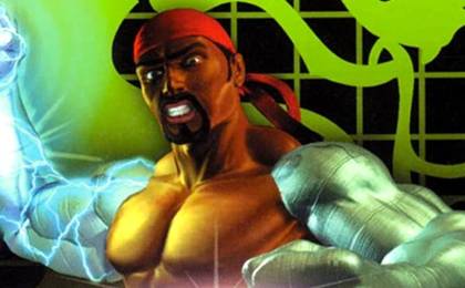 A man with a metal arm covered in lightning raised in the air.