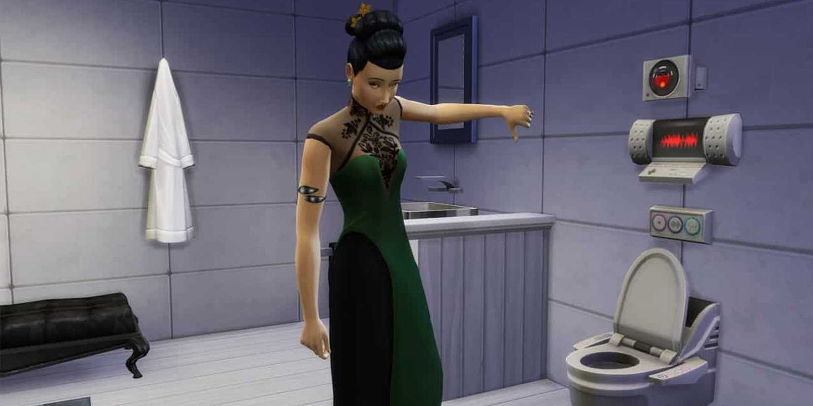 A Sim disapproves of the talking toilet in The Sims 4.