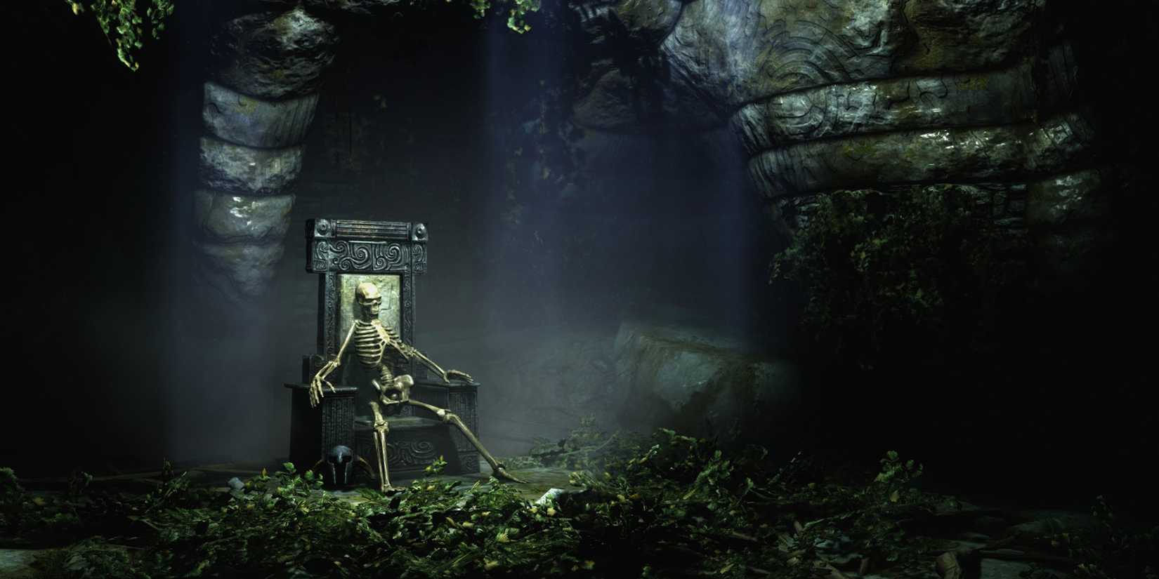A skeleton on their throne in Skyrim.