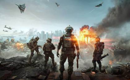 Key art for Battlefield 6 showing soldiers overlooking a warzone.
