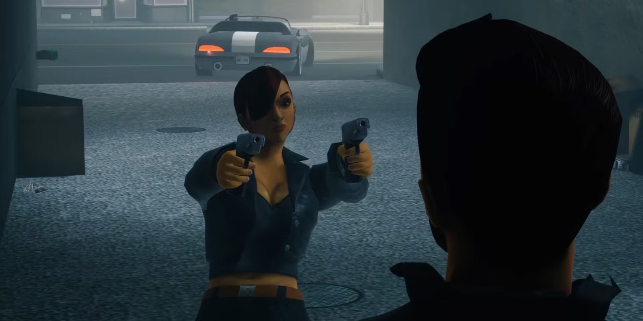 Catalina points to the gun in the claude of the Grand Theft Auto 3 Definitive Edition.