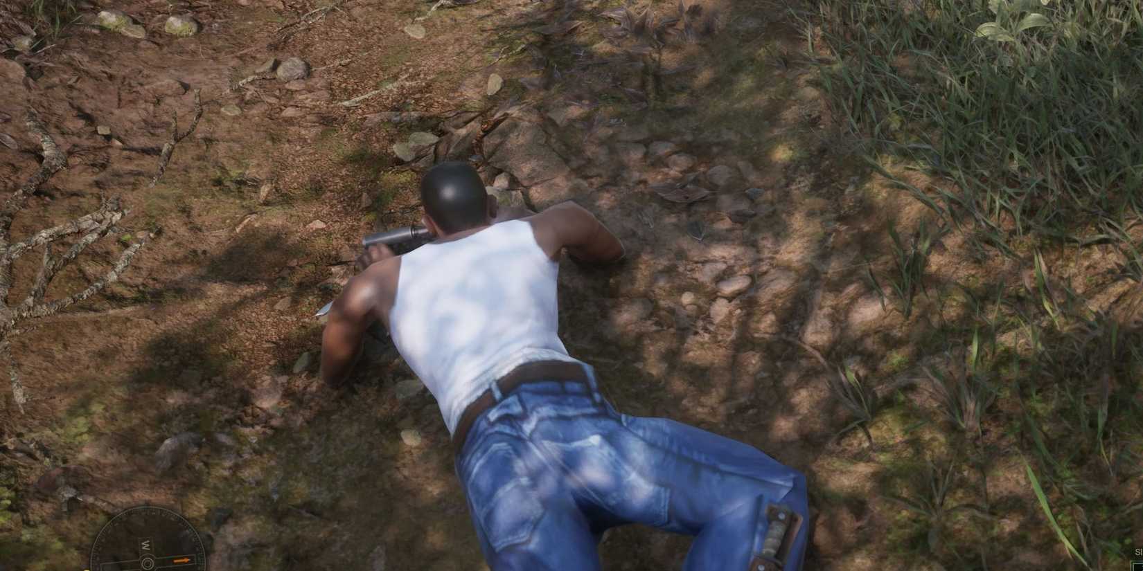 CJ from Grand Theft Auto San Andreas crawling through the mud in Metal Gear Solid Delta Snake Eater.