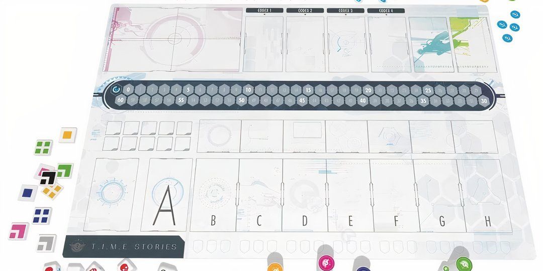 Colorful game pieces scattered around the board in T.I.M.E Stories.