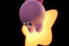 Kirby flying directly down on a star set against a black backdrop.