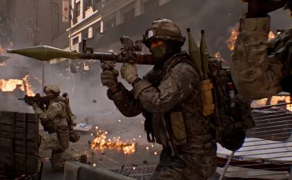 Man in camo holding a rocket launcher in battlefield 6.