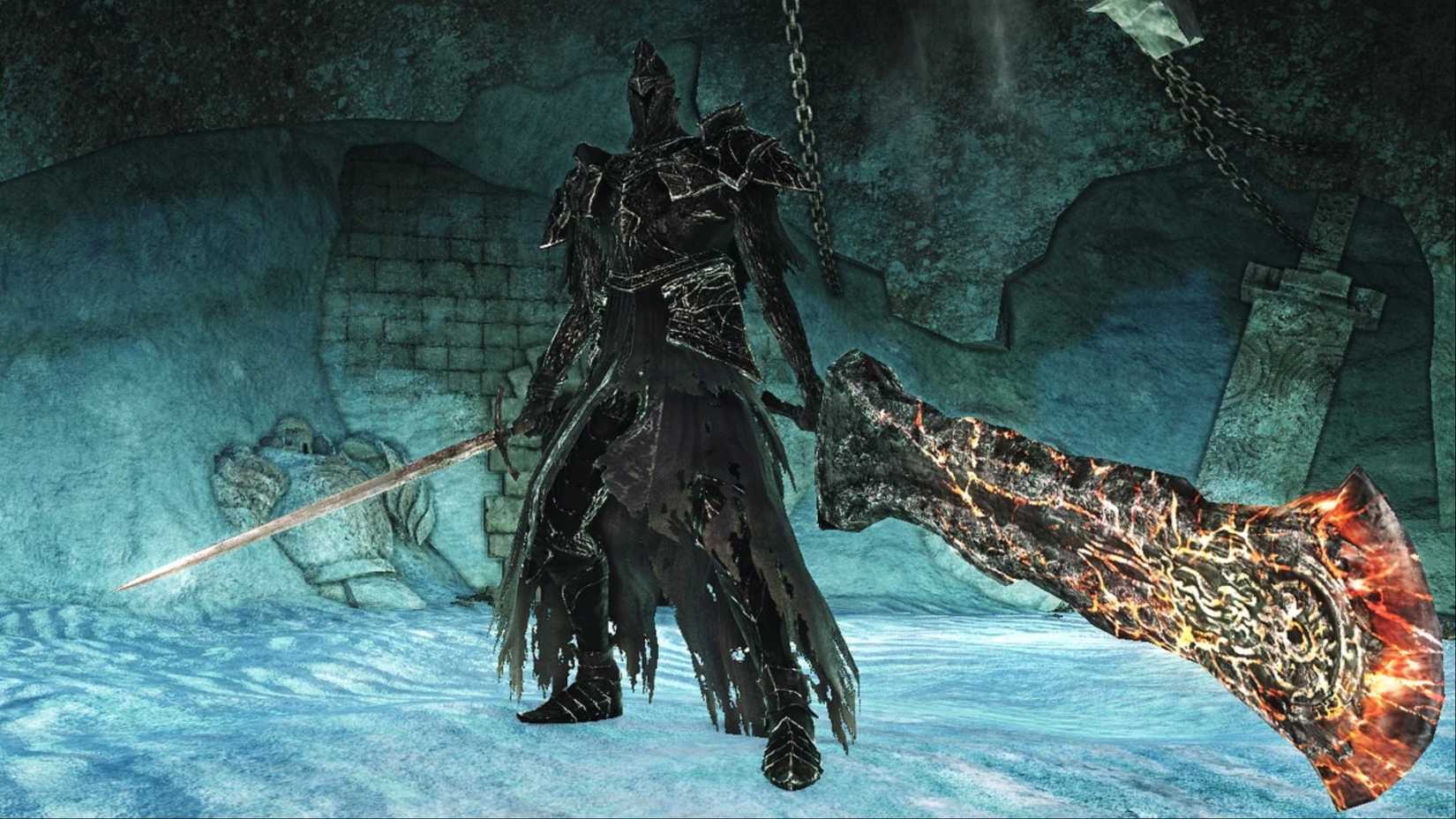 The Fume Knight dominated his two swords and was preparing to fight in Dark Souls 2: Scholar of the First Sin.