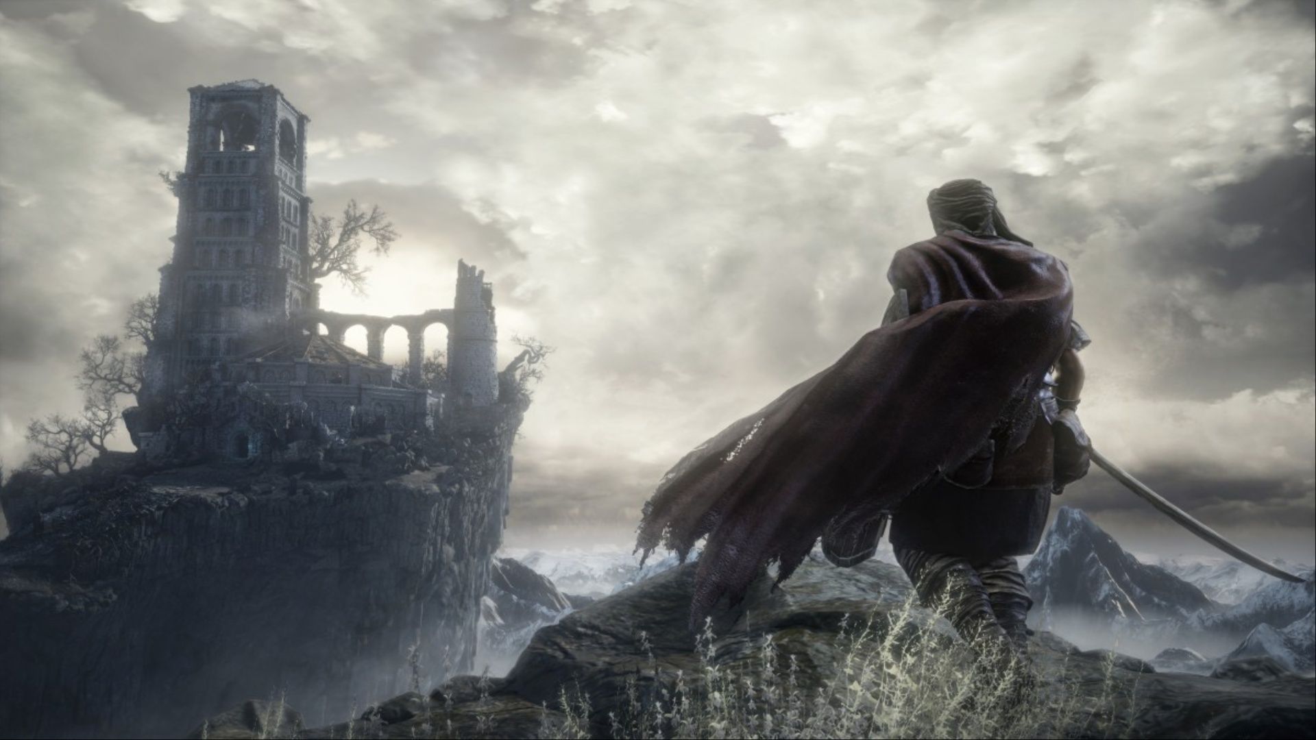 Mercenary standing on a cliff, which looks at the fire of FireLink in Dark Souls 3.