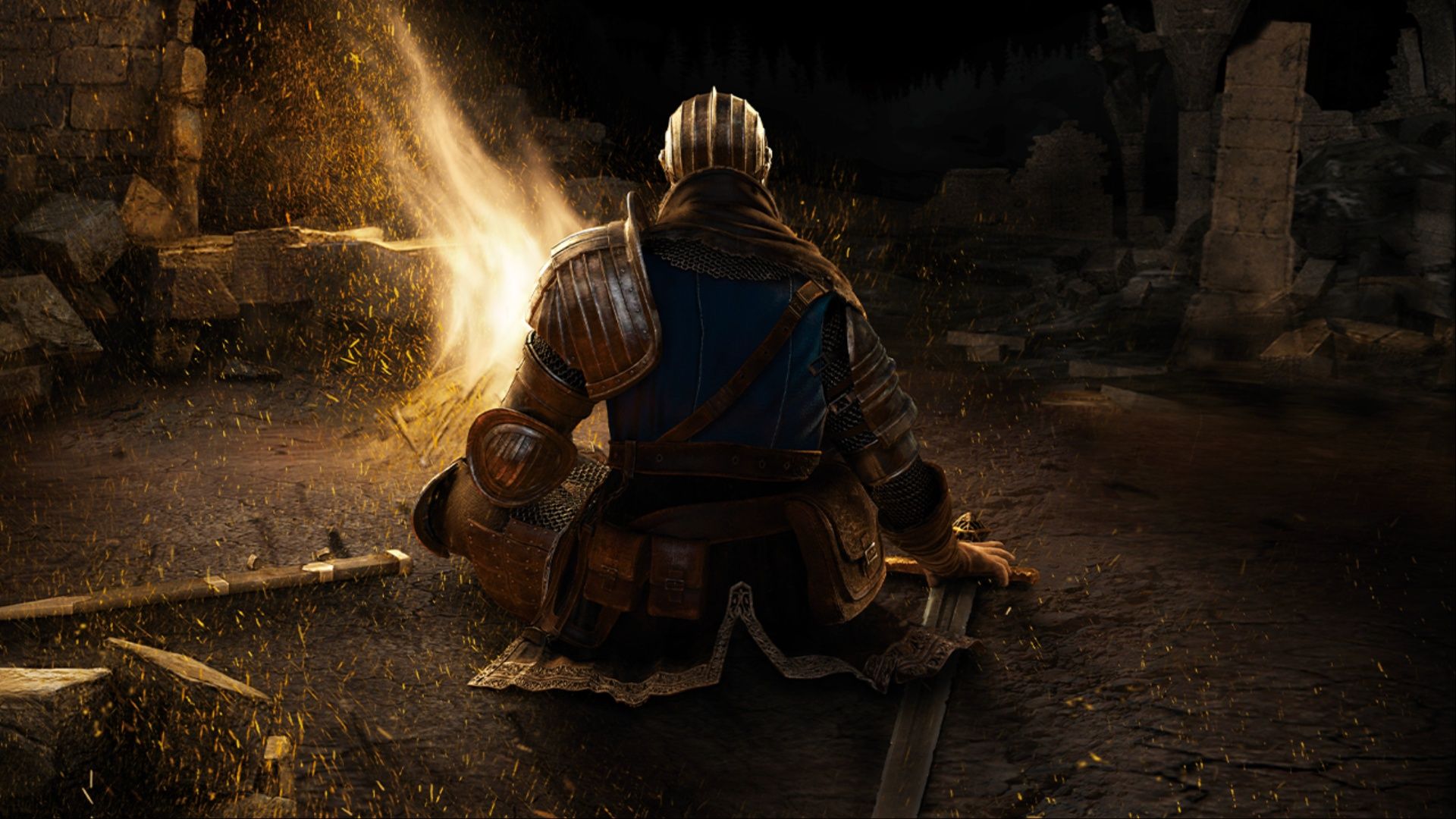 The key art shows selected undead sitting by the fire for dark souls.
