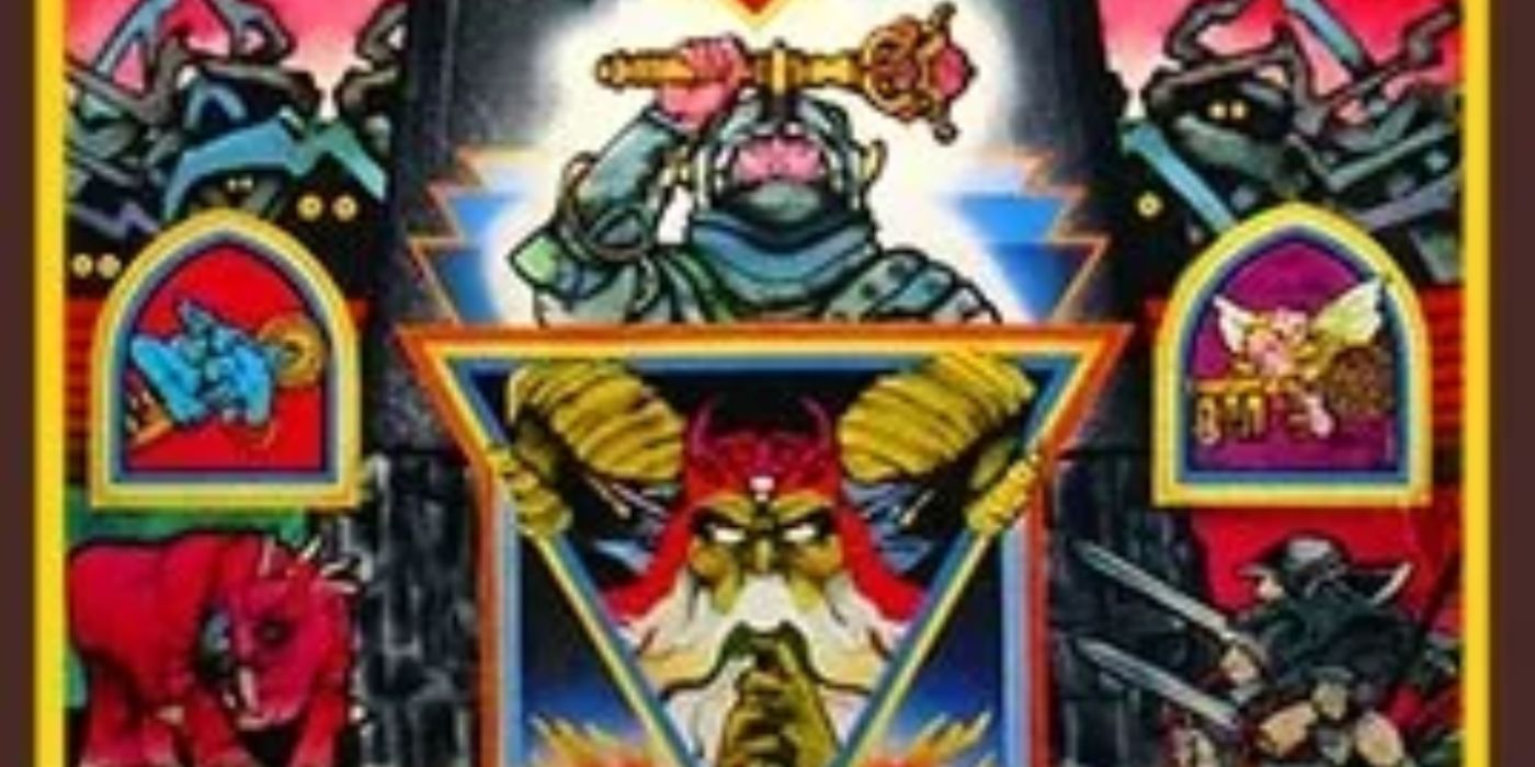 a knight and wizard surrounded by fantasy creatures on the cover of the Dark Tower board game.