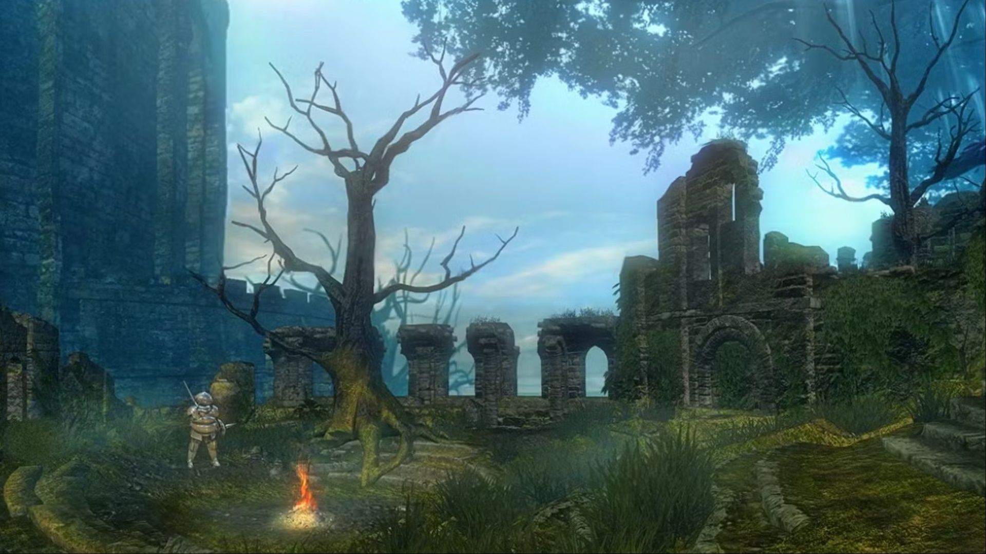 Onion Knight, Siegmeyer of Catarina, standing near the fire in the shrine of FireLink in dark souls.