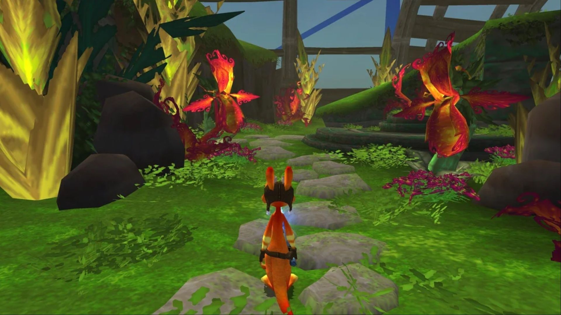 Daxter standing at the foot of a branching pathway in the forest in Daxter.