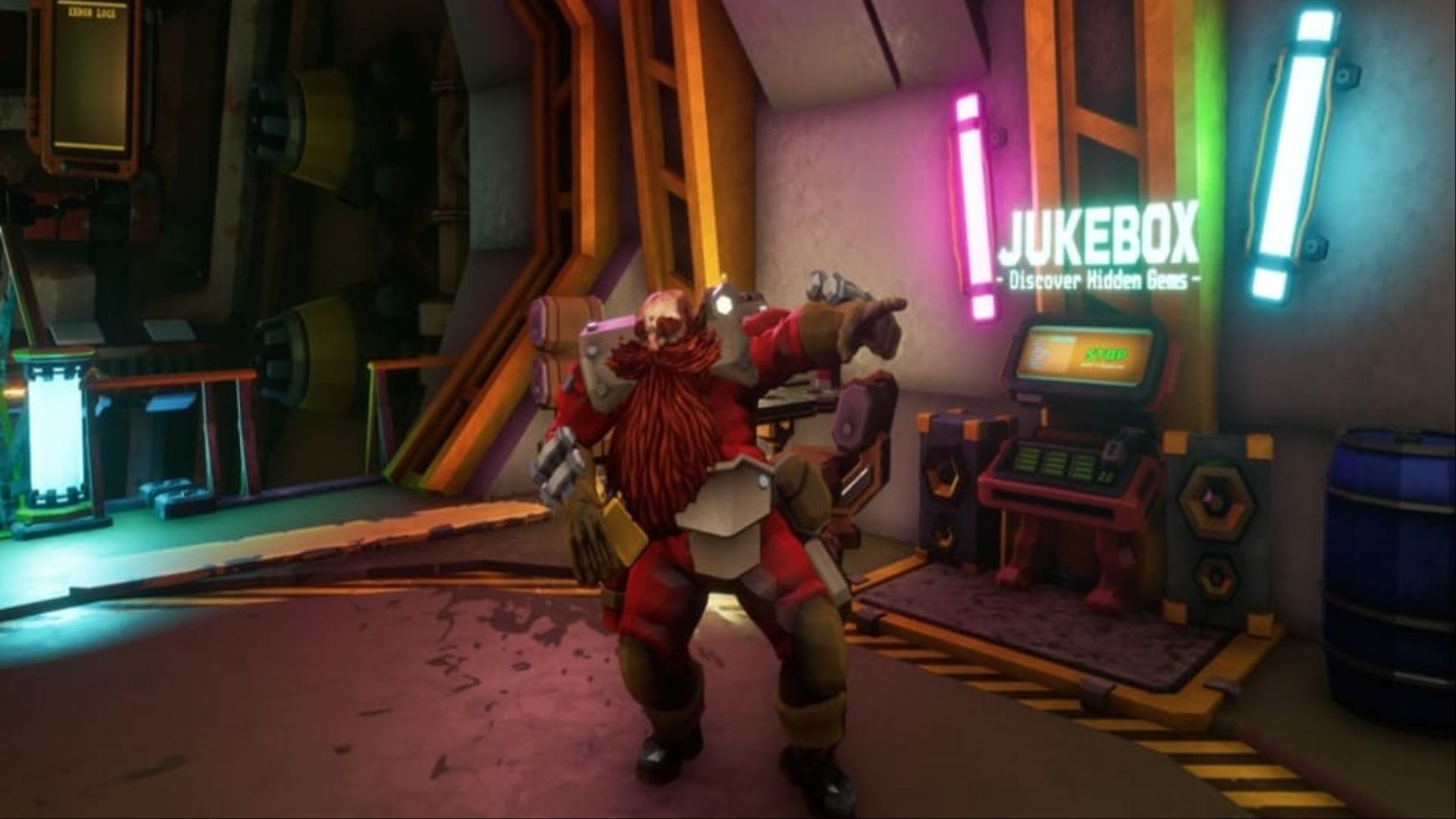 A dwarf standing in front of the jukebox in Deep Rock Galactic.