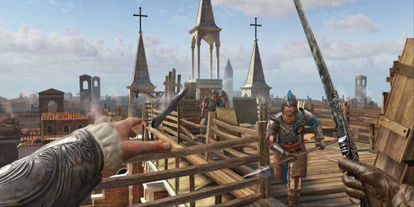 Ezio engaged in combat with some guards on a rooftop, throwing a knife at one of them, in Assassin's Creed Nexus VR.