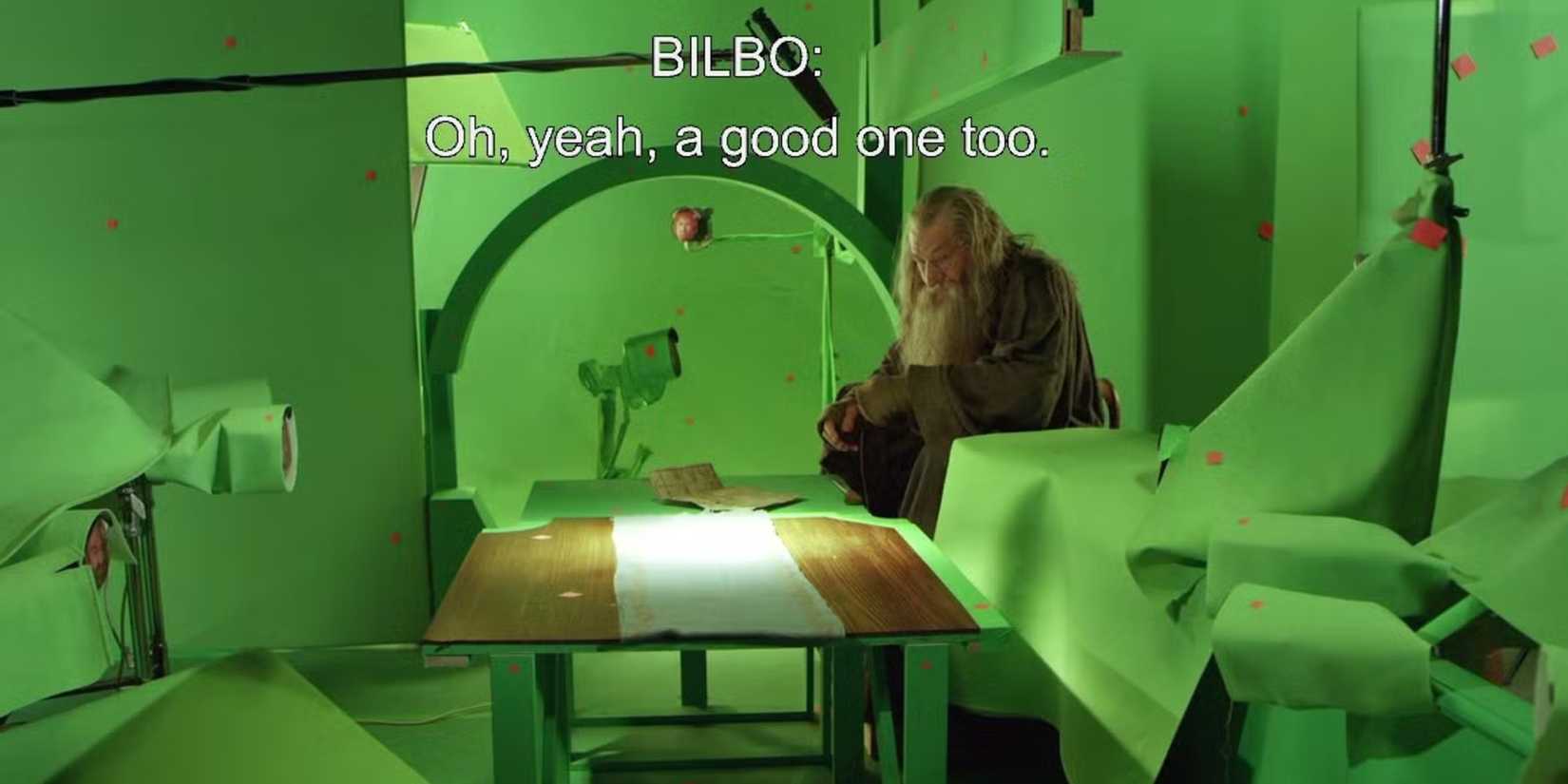 Gandalf is sitting on an unexpected trip from the Hobbit set to the green screen.