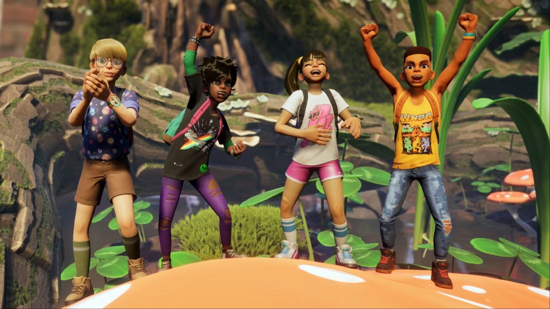 The shrunken teens standing atop a mushroom in Grounded.