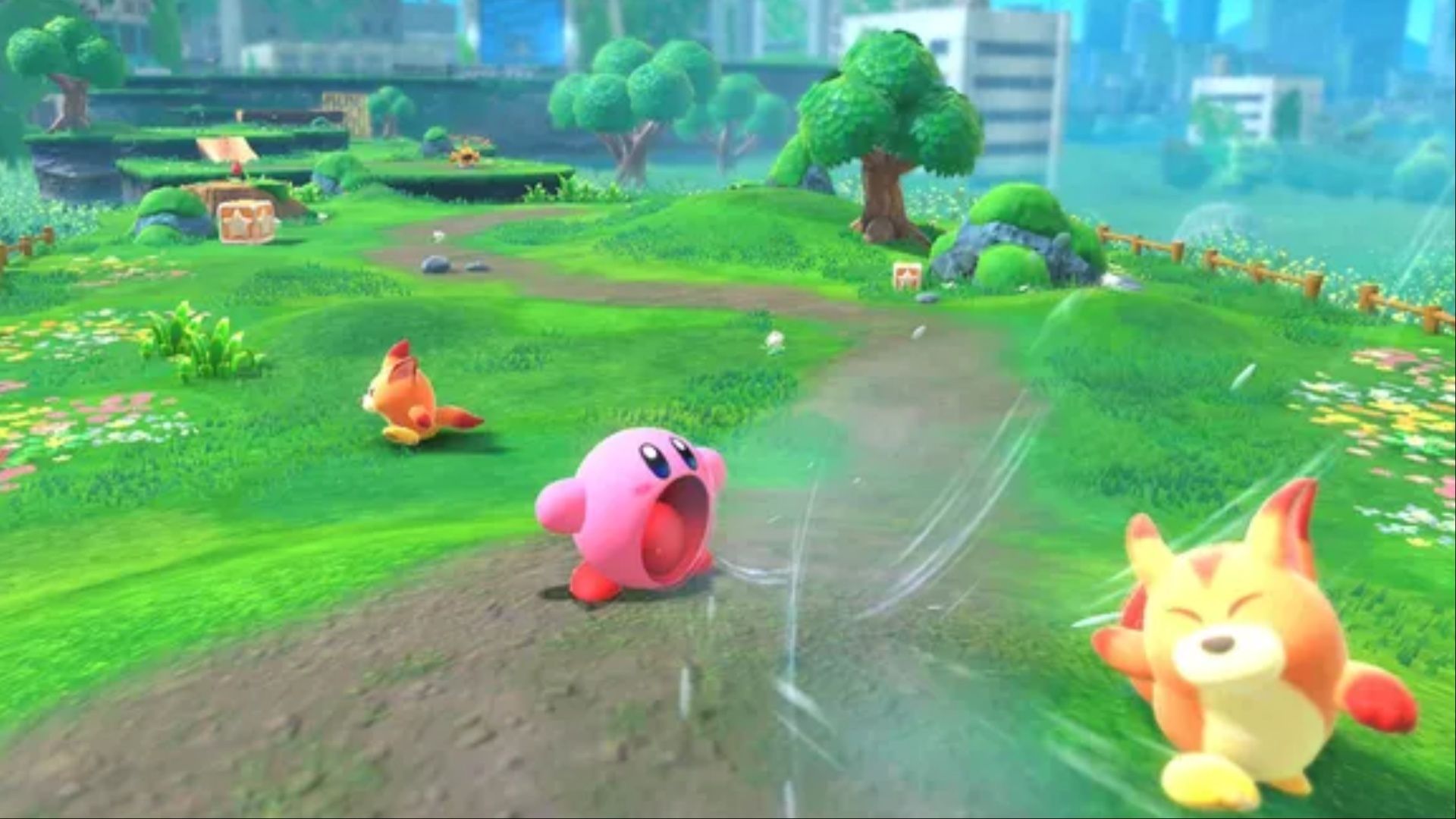 Kirby inhaling an Awoofy to obtain its power in Kirby and the Forgotten Land.