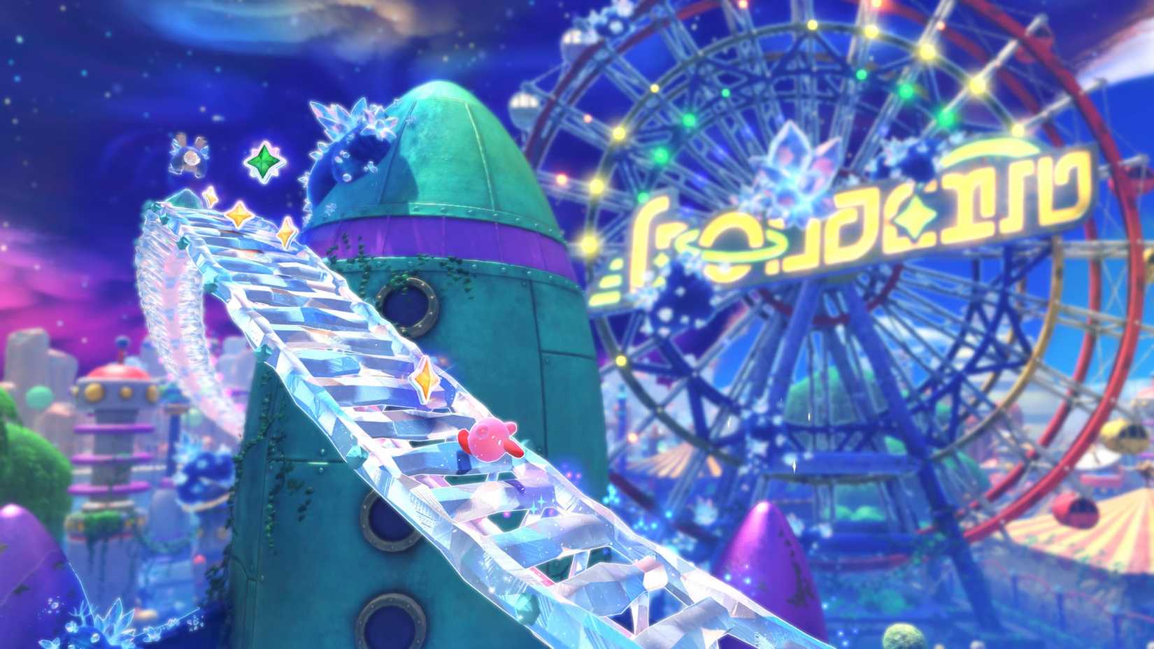 Kirobi runs in crystal motorcycle tracks on crystal ground. 