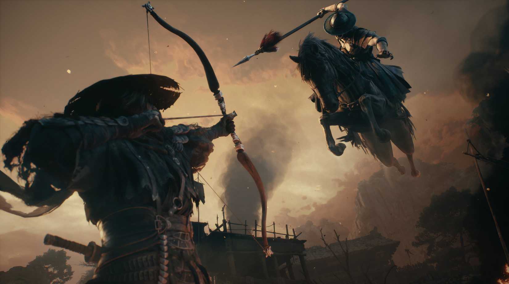 phantom blade zero protagonist firing an arrow at a jumping cavelry on a horse.