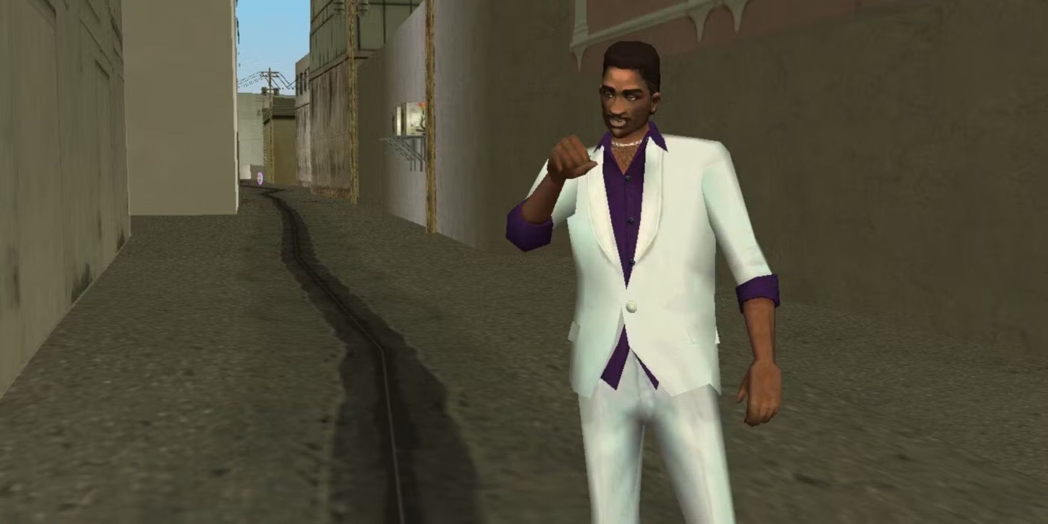 Lance Vance is holding a fist in Grand Theft Auto Vice City.