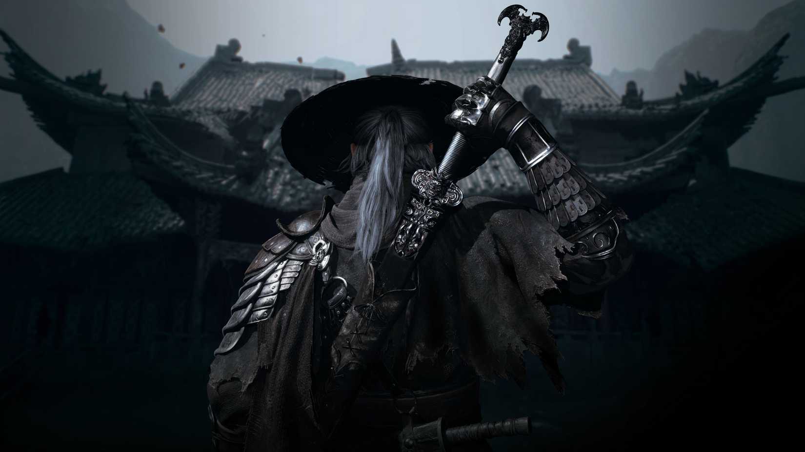 Main character from phantom blade zero in front of a castle.