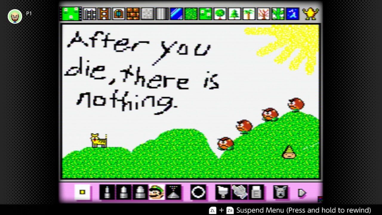 Screenshot from Mario Paint. This shows grasslands with beamabus. Reads the text: "After you die, there is nothing."