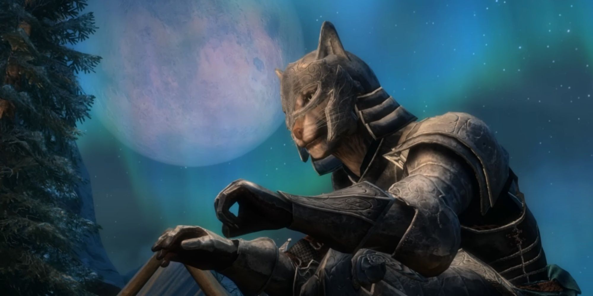 Khajiit wears a special helmet with his hands on a fire with a moon in the background in SkyBlivion.