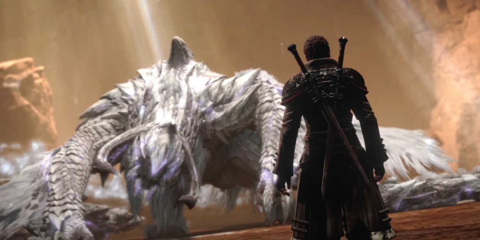 Final Fantasy 14 character walking towards an Arkveld from Monster Hunter Wilds.