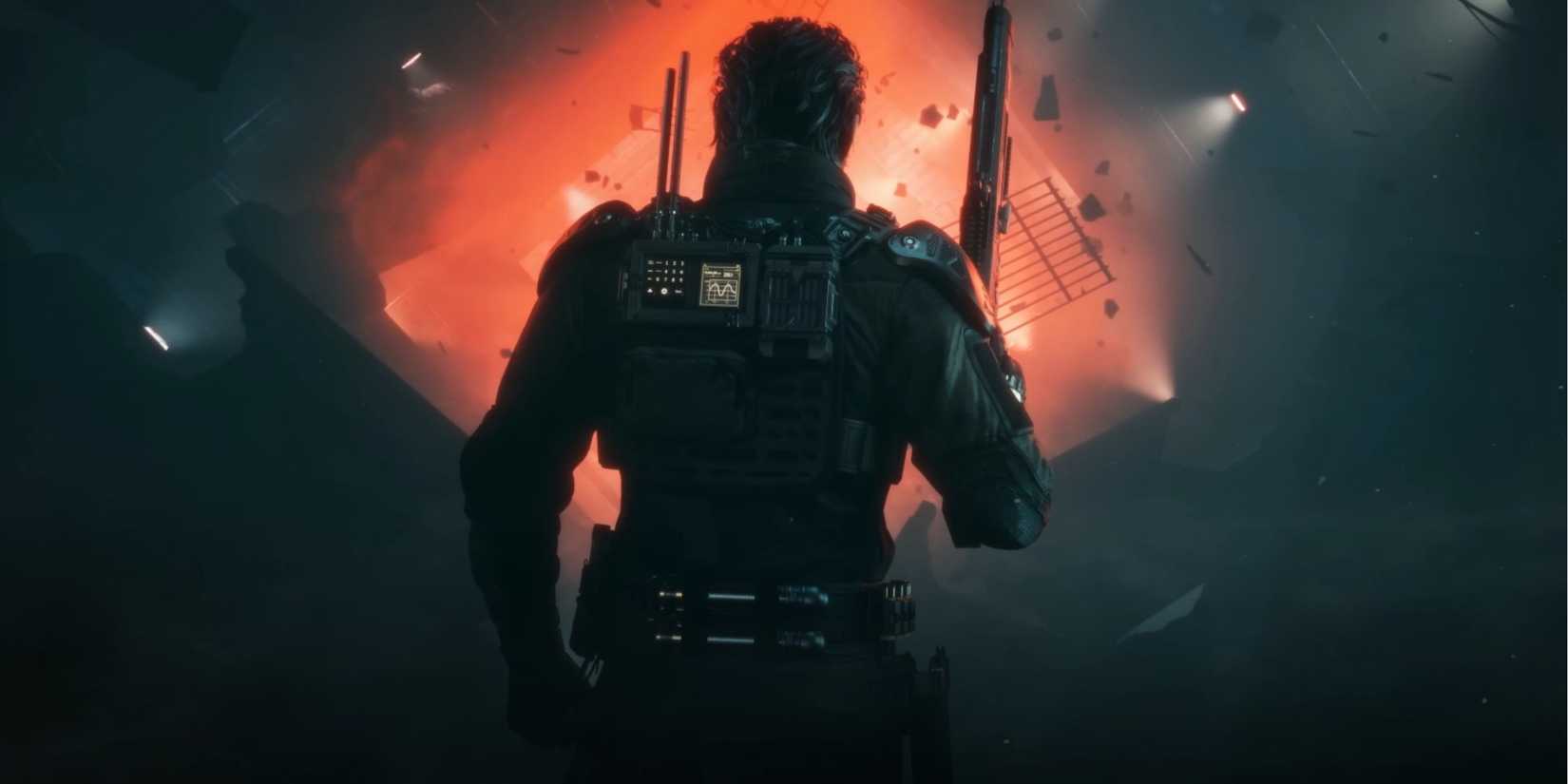 A Call of Duty Black Ops 7 character wearing high tech gear looking away at a red anomaly.