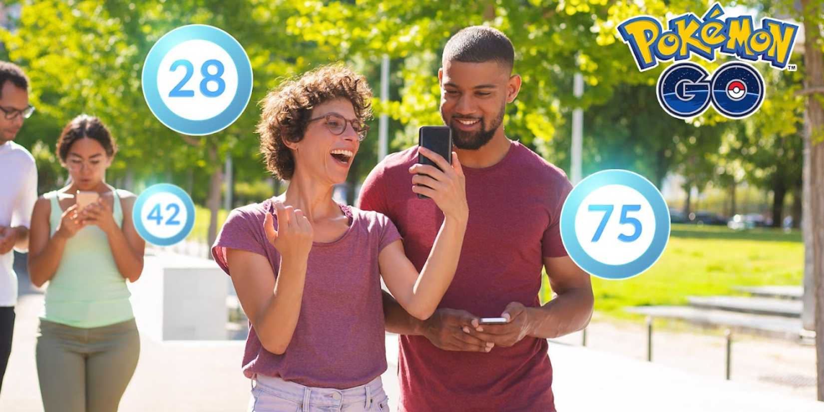 Pokemon Go players with their levels of emblems hovering beside them.