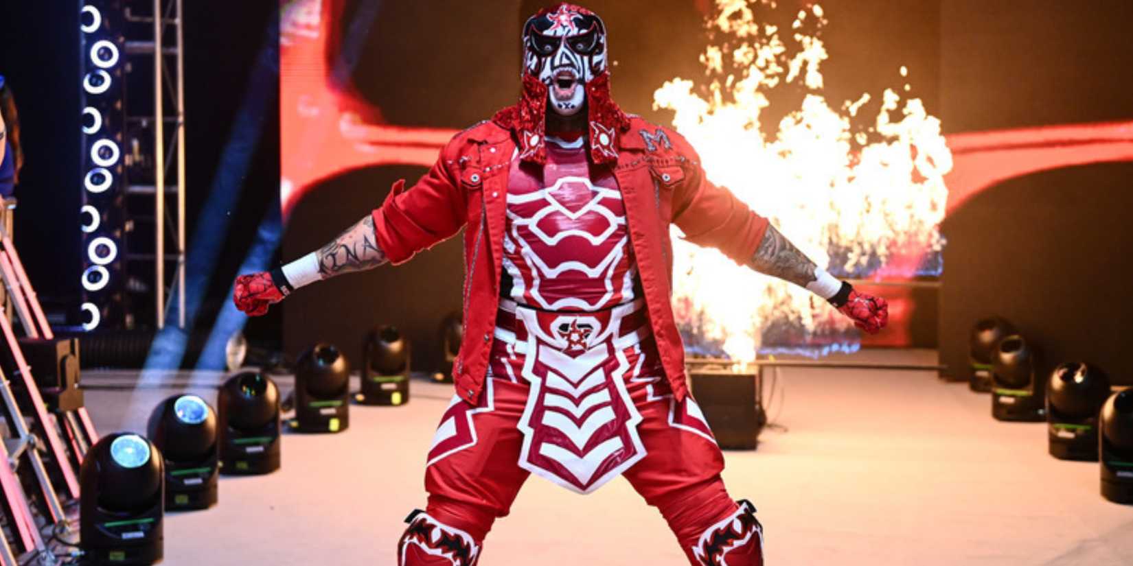 Penta with flames behind it.