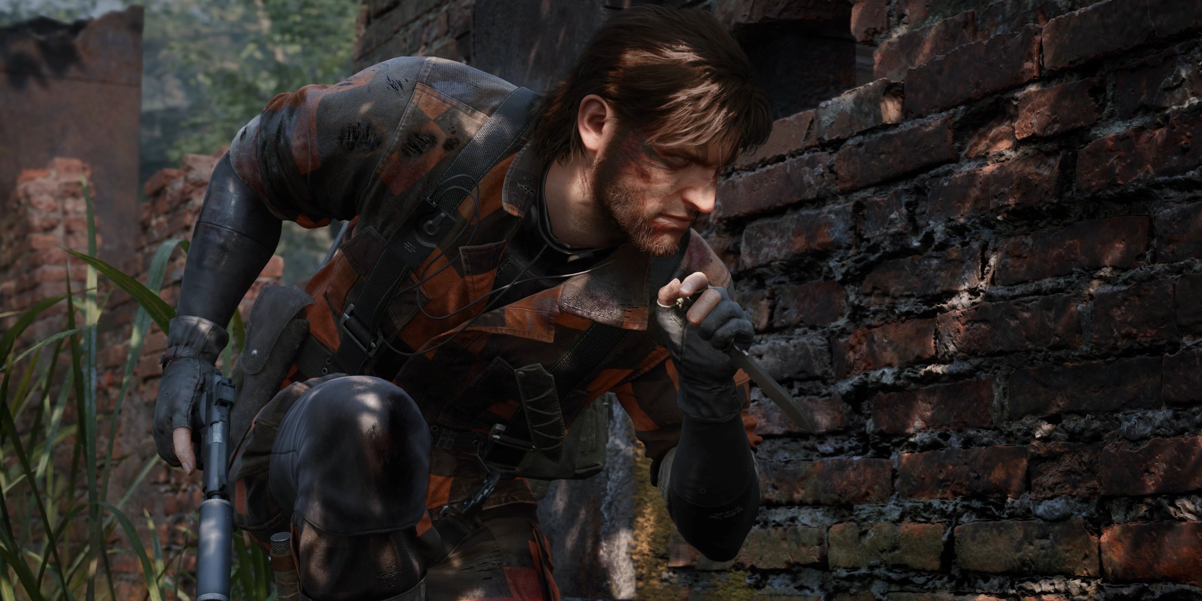 snake crouching behind a wall in metal gear solid delta snake eater.
