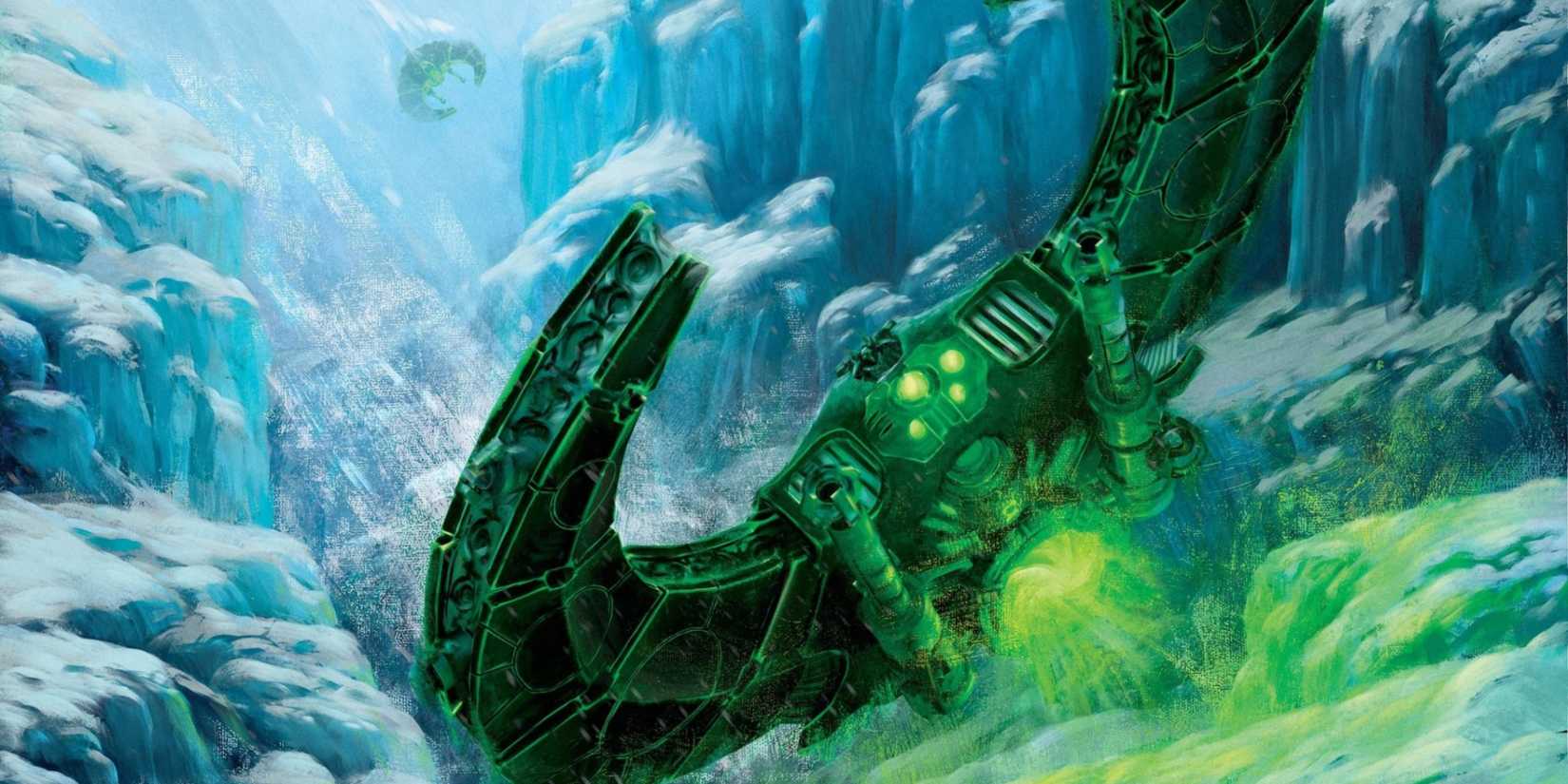 a Night Scythe flies in the card art for the vehicle of the same name in Magic: The Gathering's Warhammer 40k crossover.
