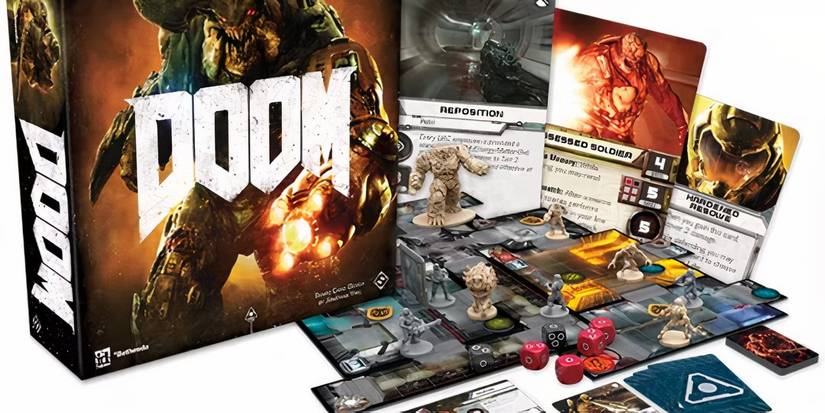 Pieces of the Doom board game sitting on a table next to the game box.