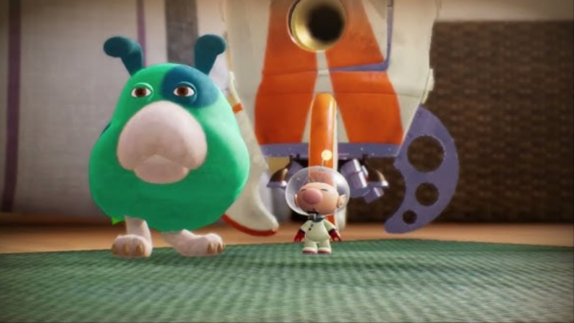 Captain Olimar walking next to Moss, the Space Dog, in Pikmin 4.