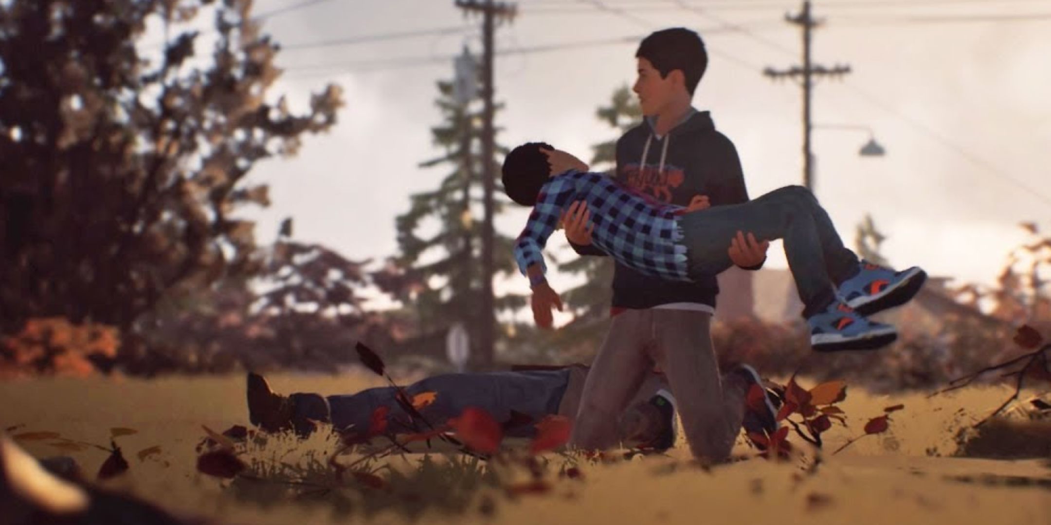 Sean holding Daniel with a body behind them in Life is Strange 2.