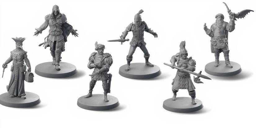 Several minatures from the Assassin's Creed Brotherhood of Venice game arranged on a white background.