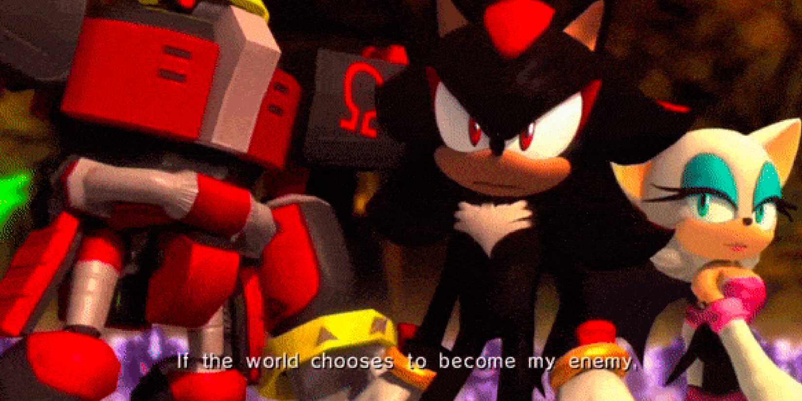 The shadow that says the world will decide to become my enemy, with Rogue and Omega beside him in Sonic The Hedgehog (2006).
