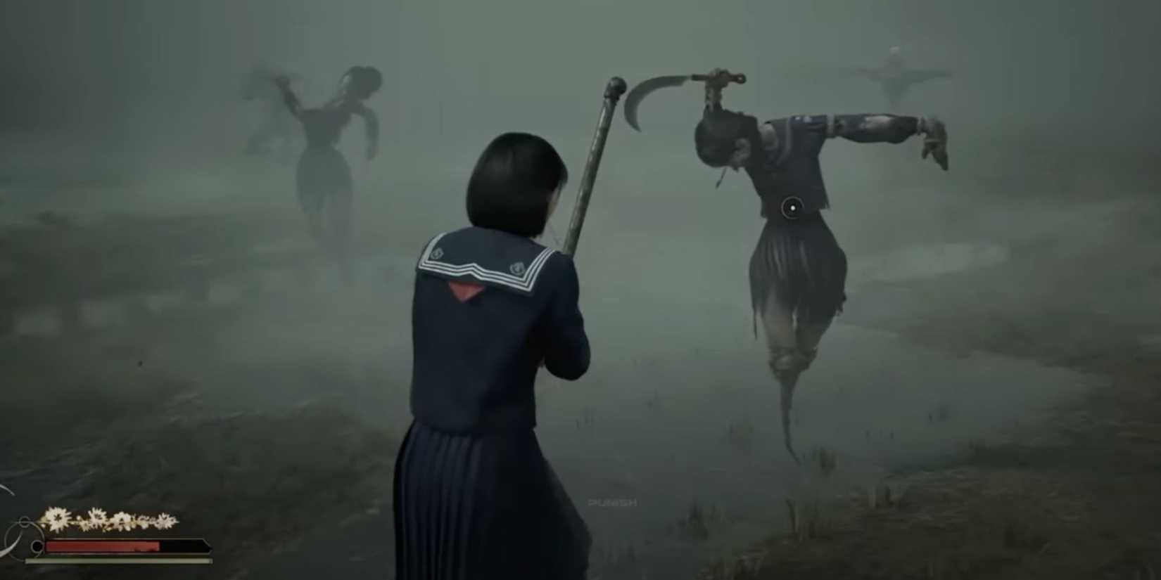 Girl holding a metal pipe aiming at an enemy in Silent Hill f.