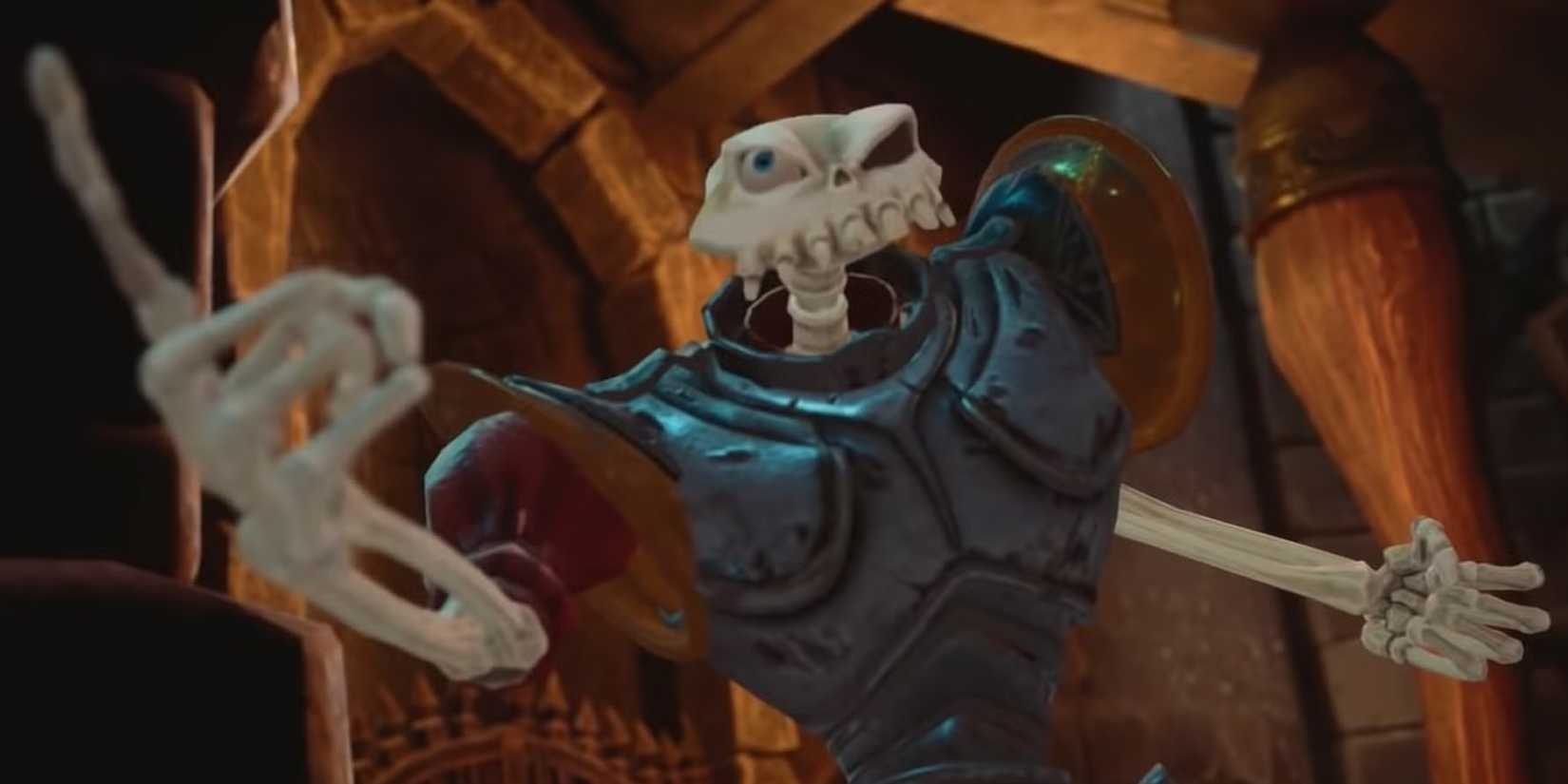 Sir Dan points a defiant finger in MediEvil.