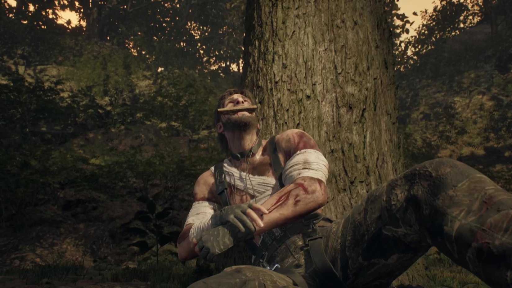 The snake is bitten by a wooden piece while laying his arms to a metal gear solid delta snake.