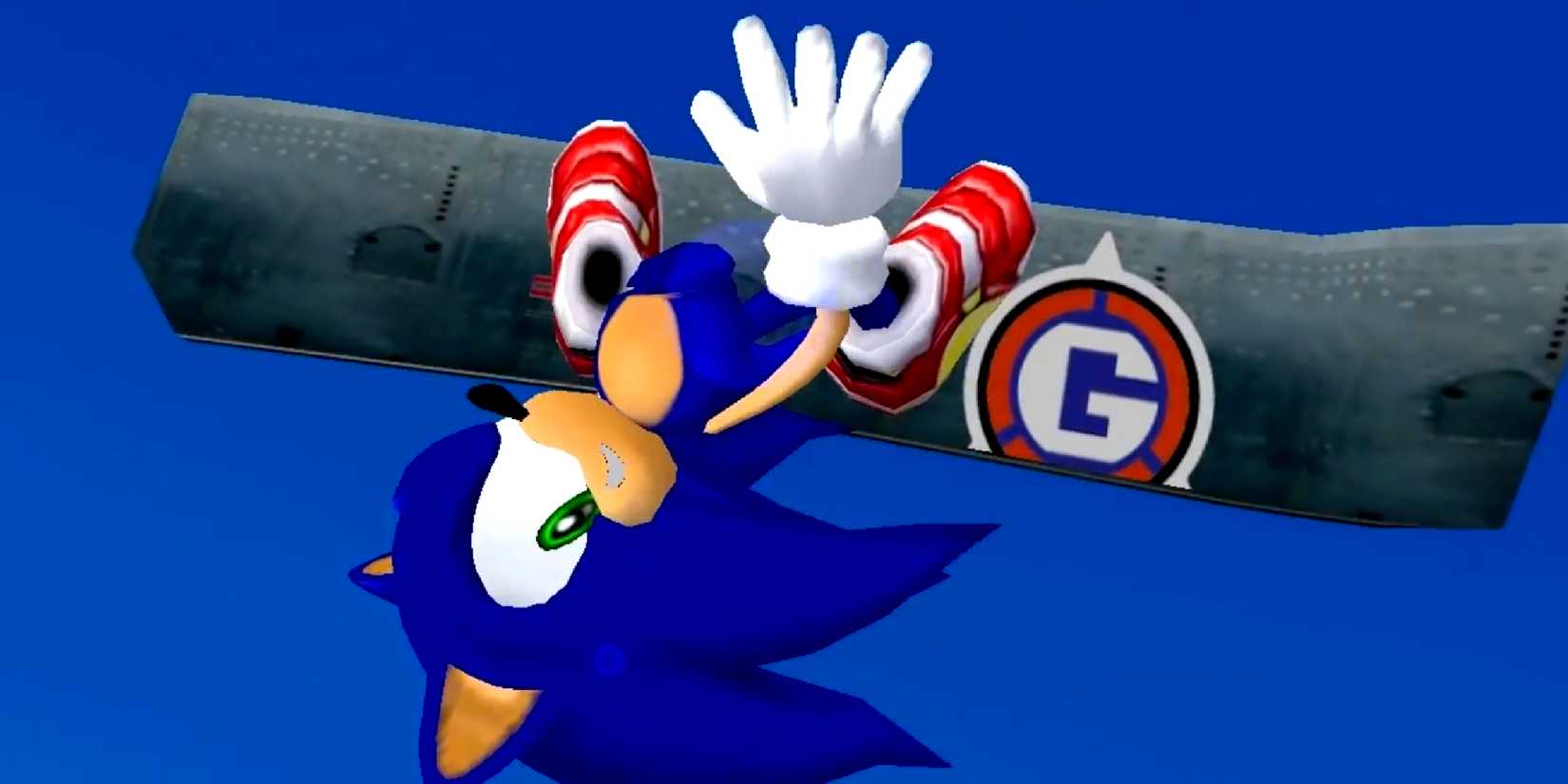 Sonic falls when using a piece of helicopter weapons as a skateboard in Sonic Adventure 2.