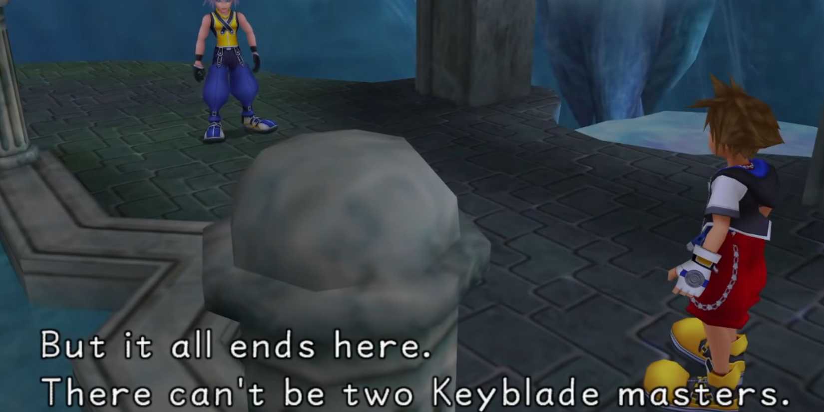 Sora standing opposite the hollow bastion in Kingdom Hearts.